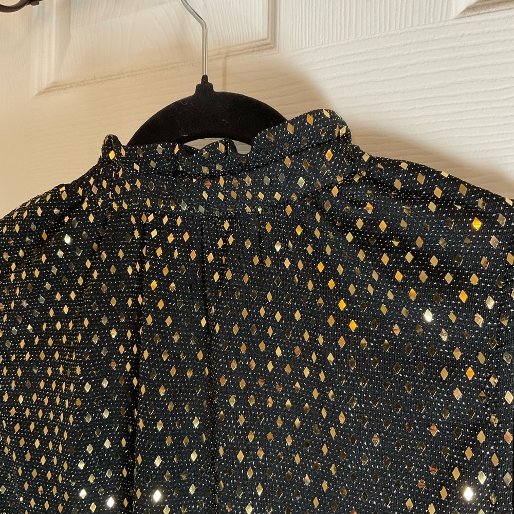MICHAEL Michael Kors Black Gold Metallic Diamond Ruffle V-Neck Top Size M - Picture 8 of 11